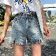 デニムファッション夏ダックグレーライトブルーエイジング加工ハイウエストショート丈（3分4分丈）無地ショートパンツ