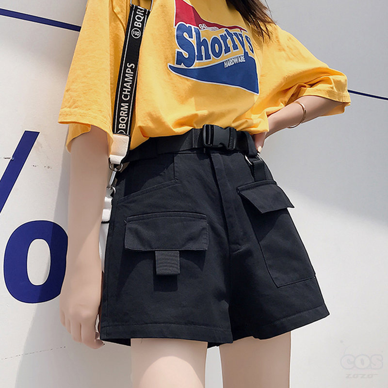 コットンファッションカジュアル夏ブラックアプリコットベルト付き10~20代ハイウエストショート丈（3分4分丈）無地アーミーグリーンショートパンツ