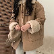 シンプルファッション韓国系ショート丈折り襟シングルブレスト切り替えスエード配色綿コート