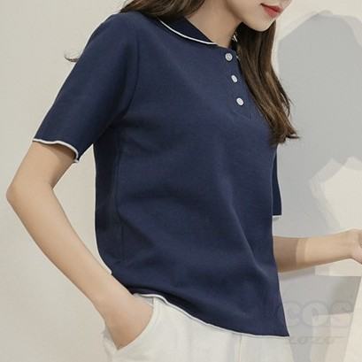 ポリエステル半袖シンプルファッションスウィート韓国系ショート丈夏折り襟プルオーバーネイビーアプリコット配色長袖Ｔシャツ