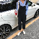 デニムファッションカジュアル韓国系春秋春夏ブラックハイウエストアンクル丈（9分丈）無地ボタン