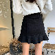 韓国系ショート丈春秋ホワイトブラックギャザー飾りハイウエストAライン無地スカート