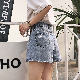 デニムカジュアル韓国系夏ライトブルーダメージ加工ハイウエストショート丈（3分4分丈）無地ボタンショートパンツ