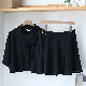 シンプルカジュアル韓国系ショート丈夏折襟シングルブレストブラックプリーツスカート無地ボタンセットアップ