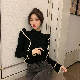 ニットファッションカジュアルレトロ韓国系フリルスリーブハーフネックプルオーバー切り替えギャザー飾り配色セーター・カットソー