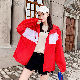 ポリエステル長袖韓国系夏フード付きジッパーホワイトブラックレッド切り替え配色ショートコート