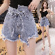 デニムファッション韓国系夏ブルーリボンハイウエストショート丈（3分4分丈）無地ショートパンツ