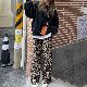 【韓国の人気爆発】ロング ラウンドネック プルオーバー 韓国 ファッション ブラック ハイウエスト ヒョウ柄 セットアップ