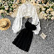 【上品の優しさ】フェミニン エレガント キュート ショート丈 透かし彫り ハイウエスト Aライン ブラック ファッション セットアップ