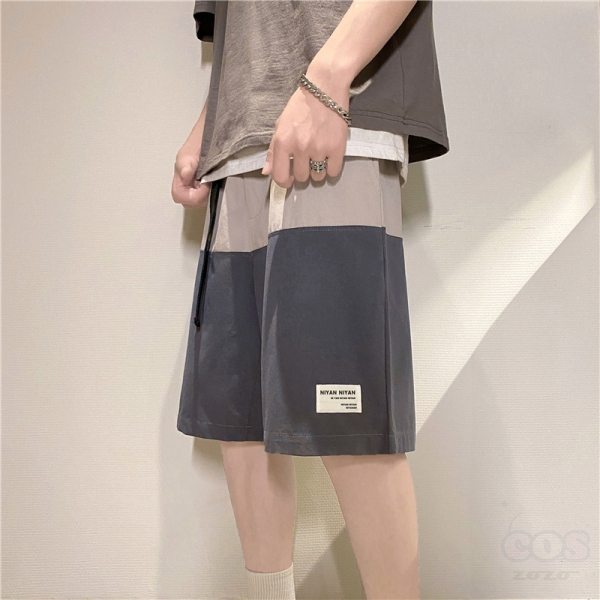 ファッションカジュアル韓国系切り替えベルト付きレギュラーウエストアルファベット配色バーミューダ（5分丈）ボトムス