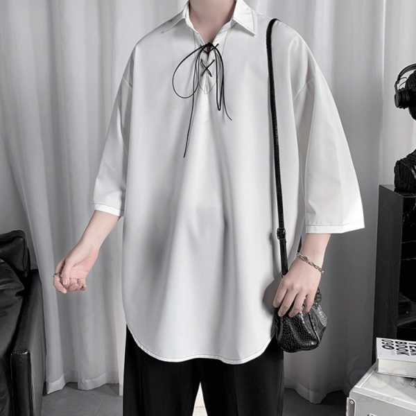【カジュアルコーデ】メンズ 通販 シンプル ファッション 韓国系 スクエアネック ボウタイ プルオーバー トップス