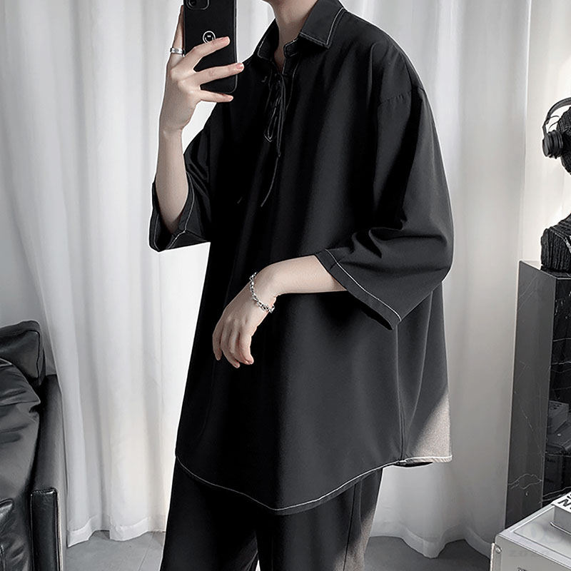 【カジュアルコーデ】メンズ 通販 シンプル ファッション 韓国系 スクエアネック ボウタイ プルオーバー トップス
