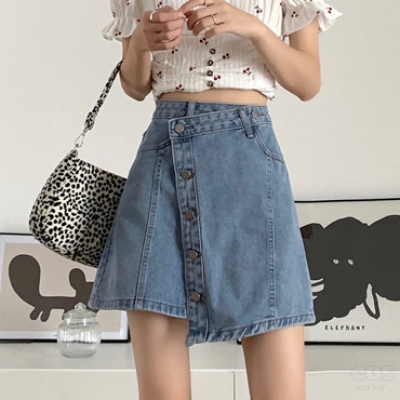 シンプルファッションレトロスウィート韓国系夏切り替えAライン不規則ボタンスカート