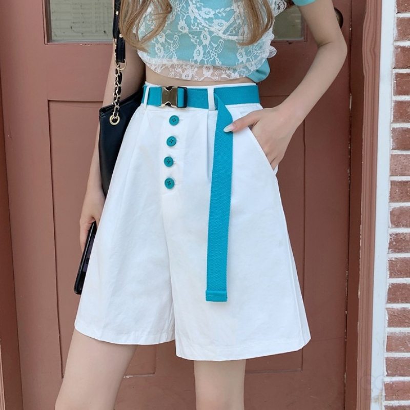 シンプルレトロスポーツ韓国系夏ギャザー飾りベルト付きボタンショートパンツ