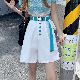 シンプルレトロスポーツ韓国系夏ギャザー飾りベルト付きボタンショートパンツ