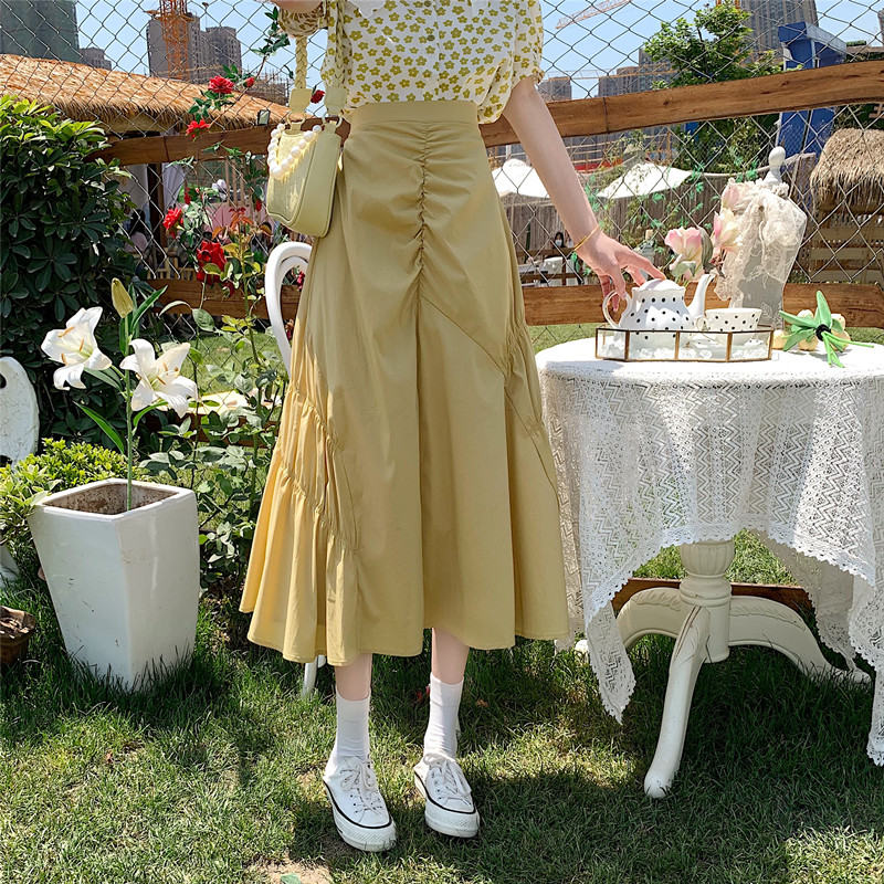 シンプルファッションレトロエスニック系夏ギャザー飾りハイウエストAラインスカート