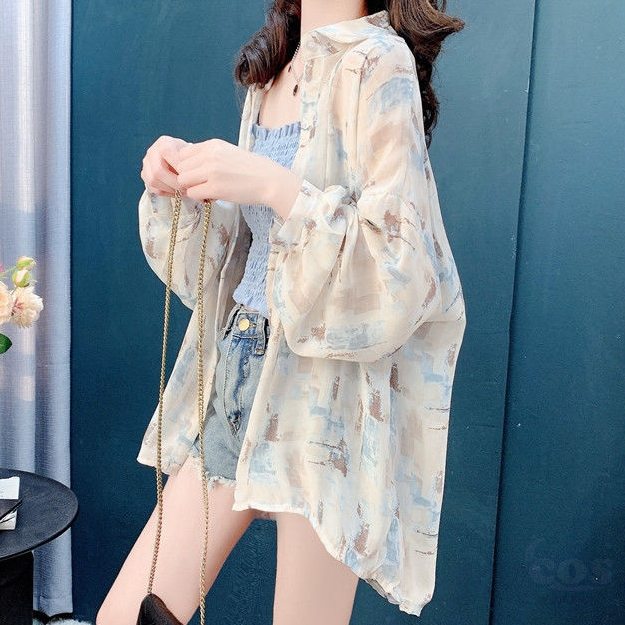 春夏ファッションランタンスリーブカジュアル配色折襟総柄プリントニット・シャツカーディガン