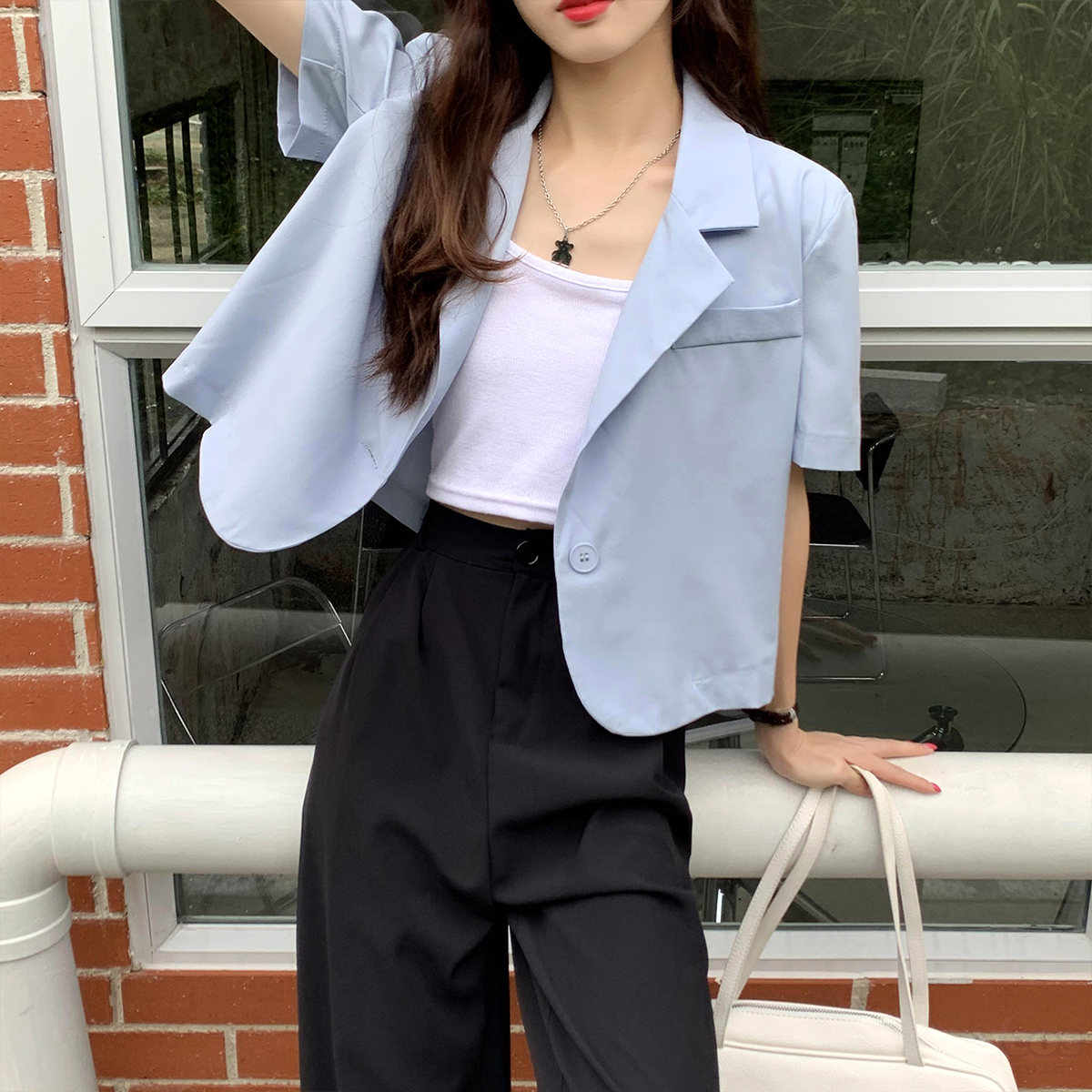 なし春一般折襟夏韓国系シングルブレスト無地シンプルショート丈半袖スーツ