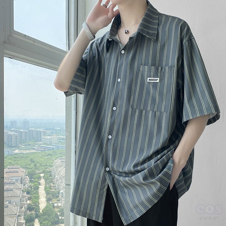 ストライプ柄半袖ファッションシングルブレスト夏ショート丈一般韓国系ポリエステル折襟なしトップス