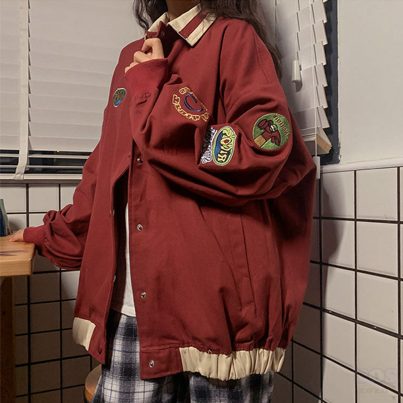 【韓国系ファッション】POLOネック シングル ブレスト 春秋 レトロ アルファベット ジャケット