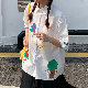 ポリエステル半袖韓国系春POLOネックボタンホワイトブループリント落書きカジュアル・シフォンブラウス