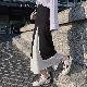 シンプルファッションカジュアルロング春夏ホワイトブラック切り替えギャザー飾りハイウエストAライン不規則配色スカート