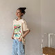 ポリエステル半袖ファッションカジュアルレトロ韓国系ショート丈春夏ラウンドネックプルオーバー20~30代無地プリント長袖Ｔシャツ