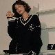【組み合わせ自由】刺繍 長袖 Vネック 女子 高生 服 通販 配色 プルオーバー シンプル セーター・カットソー