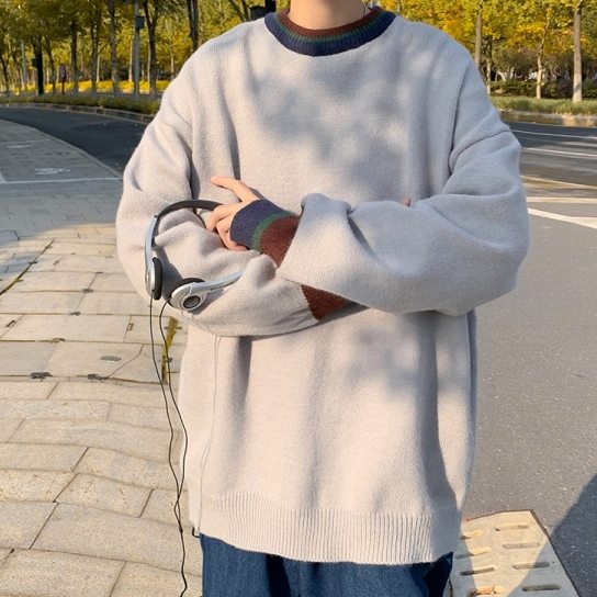 【組み合わせ自由】ニット 長袖 シンプル 韓国系 ラウンドネック プルオーバー 切り替え 配色 セーター