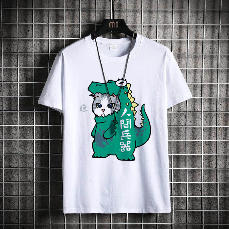 【シャツコーデ】fashion 韓国ファッション 猫 着回しコーデ 半袖 メンズ シンプル カジュアル ラウンドネック プルオーバー プリント 動物柄 Tシャツ・POLOシャツ