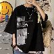 【メンズ コーデ】 春 韓国系 ラウンドネック プルオーバー プリント プリント 五分袖Tシャツ・POLOシャツ