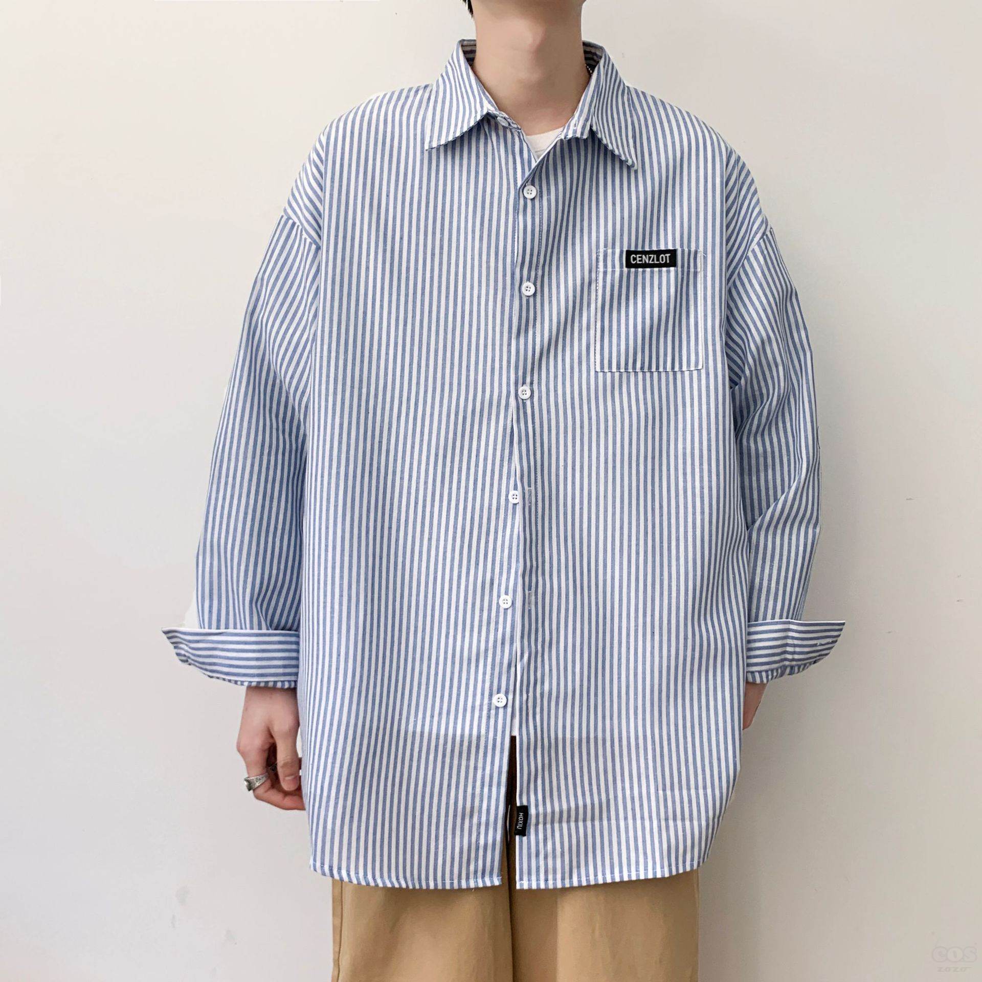 ポリエステル長袖シンプルカジュアル一般一般折襟シングルブレストストライプ柄なしシャツ