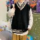  ポリエステル ノースリーブ ファッション カジュアル 韓国系 一般 ショート丈 秋冬 春秋 Vネック プルオーバー 配色 なしセーター