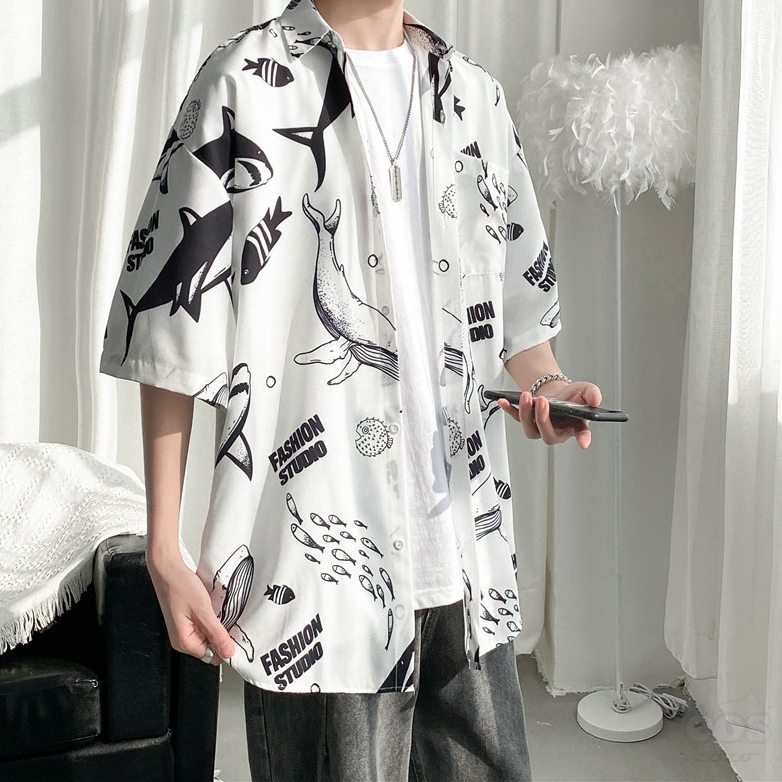 ファッション和風折襟シングルブレストプリントアルファベット動物柄五分袖シャツ