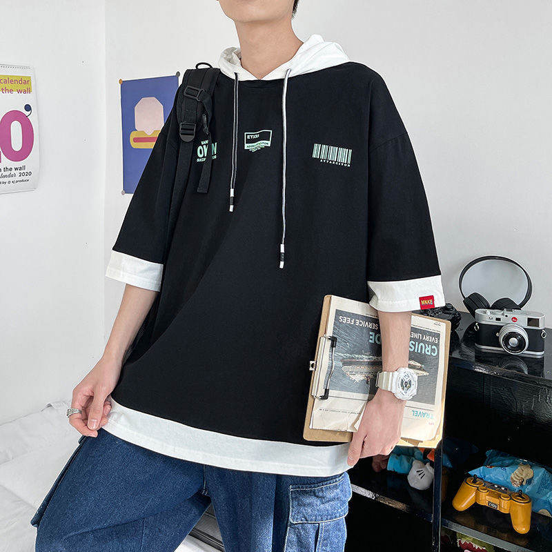 【メンズ ファッション】韓国コーデ fashion 春コーデ レイヤード シンプル 配色 七分袖 プルオーバー フード付き 韓国 通販 メンズ ファッション Tシャツ・POLOシャツ
