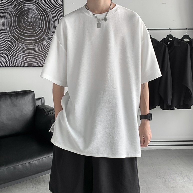 無地プルオーバー半袖ファッションラウンドネック韓国系ボタンTシャツ・POLOシャツ
