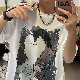 【韓国コーデ】fashion トレンドコーデ ファッション カジュアル ストリート系 夏 ラウンドネック プルオーバー プリント シンプル カジュアル トレンド 五分袖Tシャツ・POLOシャツ