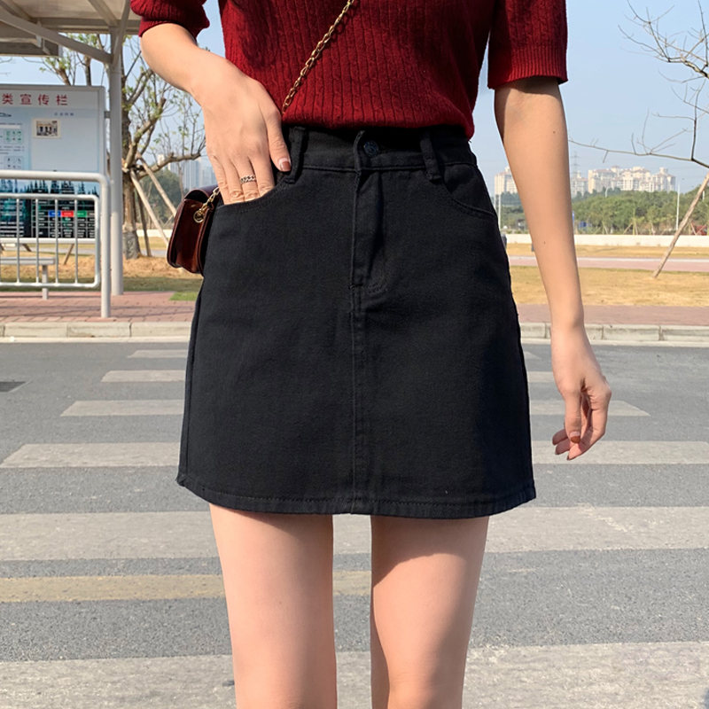 デニムファッション韓国系清新膝上春夏ハイウエストAライン無地スカート
