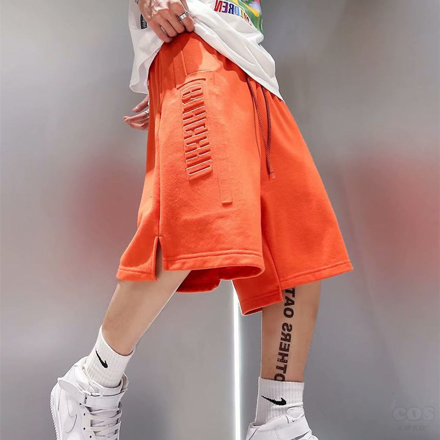 【おしゃれ度アップ】メンズ 服 コットン シンプル ファッション 夏 赤オレンジ ベルト付き レギュラー ウエスト クロップド丈（7分丈） 無地 アルファベット プリント クロップド・パンツ