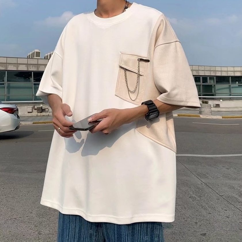 ポリエステル半袖ファッションカジュアル韓国系夏ラウンドネックプルオーバー切り替え配色Tシャツ・POLOシャツ