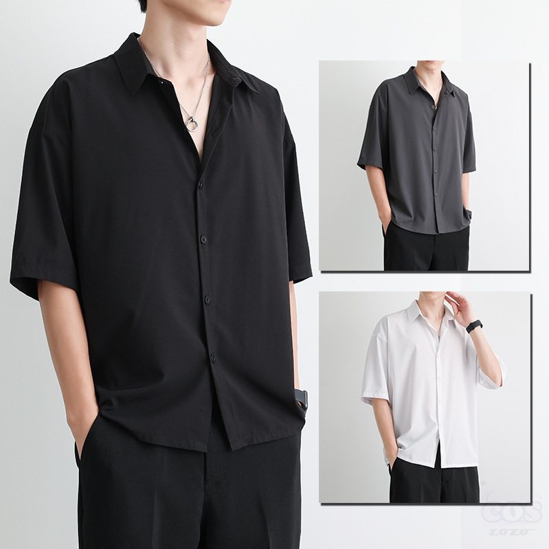 【高級感】メンズ ファッション 韓国 服 通販 安い カジュアル 夏 折襟 シングル ブレスト 無地 五分袖 シャツ