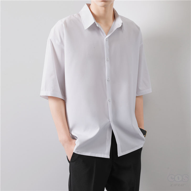 【高級感】メンズ ファッション 韓国 服 通販 安い カジュアル 夏 折襟 シングル ブレスト 無地 五分袖 シャツ