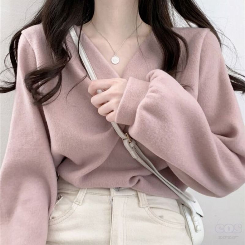 長袖 ファッション 通勤/OL スウィート 韓国系 一般 一般 Vネック プルオーバー 無地 なしセーター・カットソー