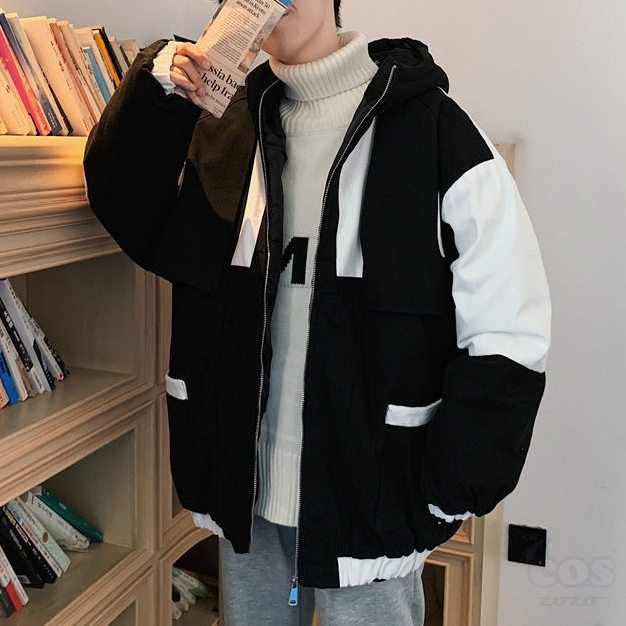 長袖 カジュアル ストリート系 スポーツ 韓国系 一般 一般 フード付き ジッパー 切り替え 配色綿コート・ダウンジャケット