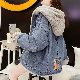 【おしゃれ度アップ】韓国 ストリート系 女子 通販 デニム 長袖 シンプル フード付き 配色 クローズドバック ビックシルエット 着痩せ効果 体型カバー ジャケット