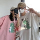 【好感度UP】Tシャツ  ペアルック 韓国ファッション ラウンドネック プルオーバー プリント 配色 五分袖 夏服