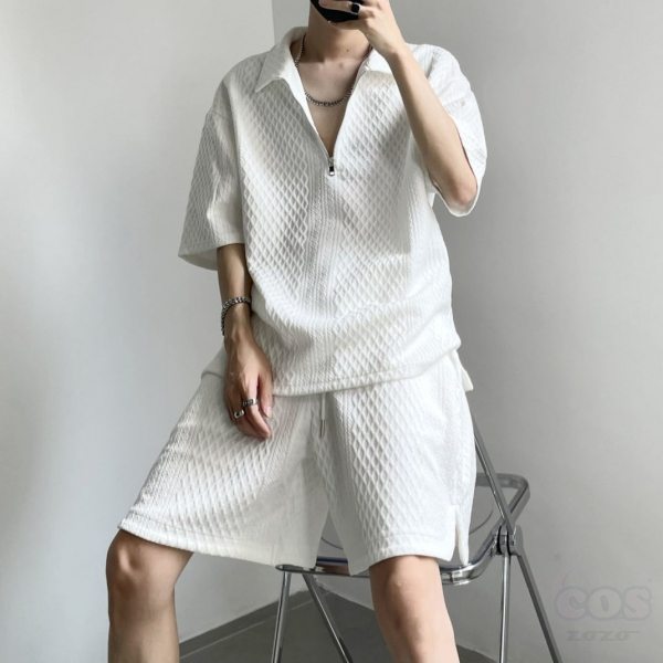セットアップ 韓国ファッション オシャレ 服 夏 服 メンズ 折り襟 プルオーバー ジッパー なし 無地 ポリエステル シンプル ファッション モード系