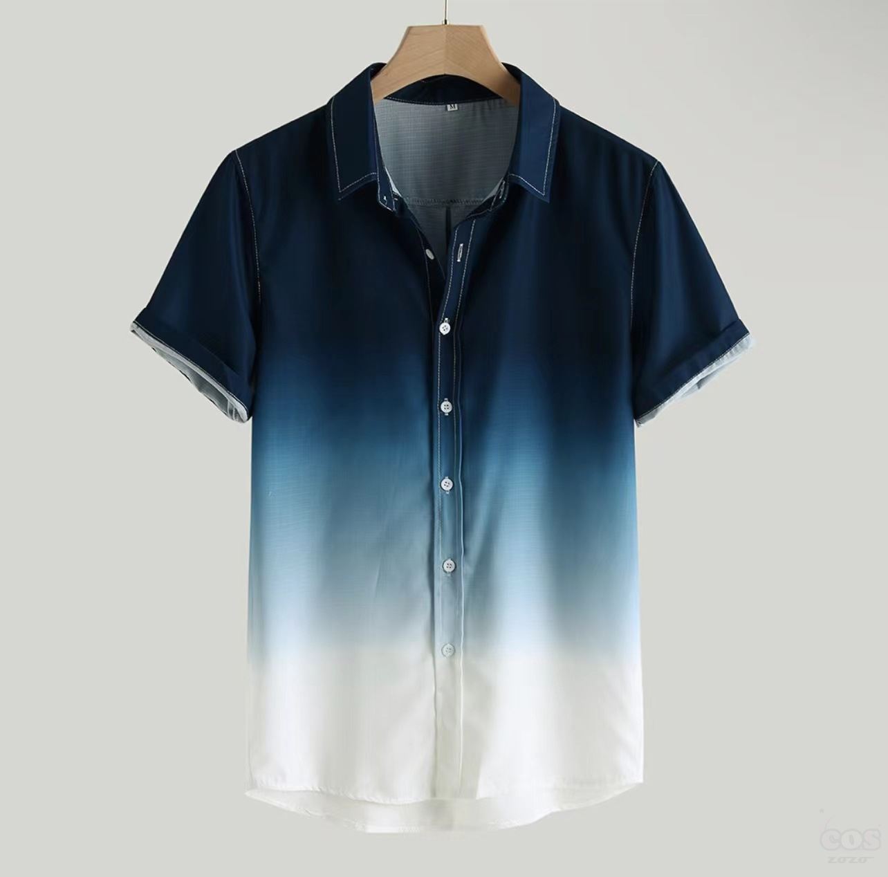 シャツシンプル韓国ファッション オシャレ 服半袖折り襟シングルブレストグリーンダークブルーライトブルーオレンジボタングラデーション色