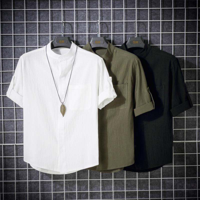 シャツ シンプル 一般 カジュアル 韓国ファッション オシャレ 服 夏 服 半袖 なし 無地 スタンドネック 綿麻 メンズ