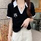 人気上昇中 韓国系 刺繍 プルオーバー POLOネック ショート丈 半袖Ｔシャツ